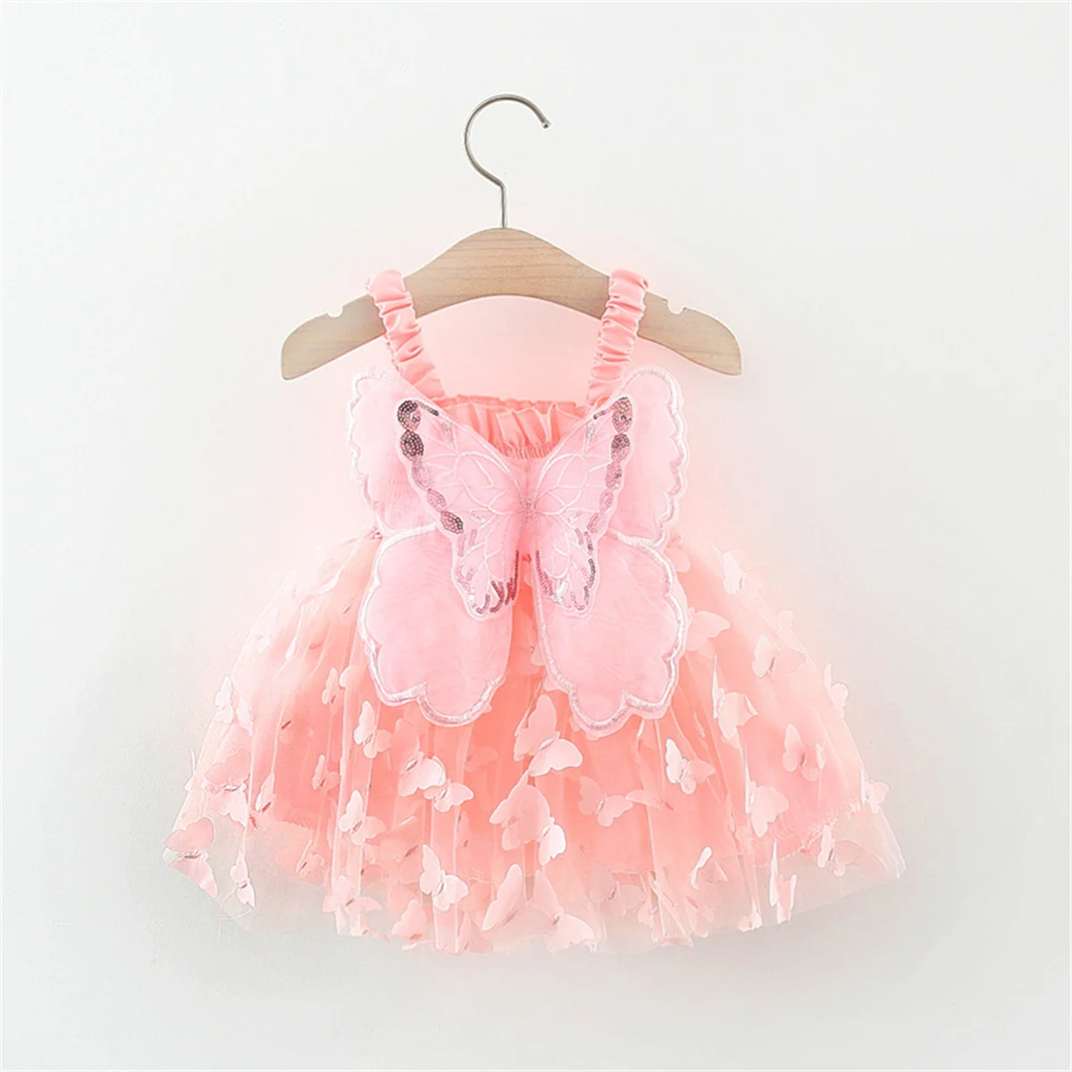 Baby Girl Party Dress Princess Birthday Dress Back Bow Wing Embroidery Mesh Solid Color Strap Mesh Dress 0-3 Years Old