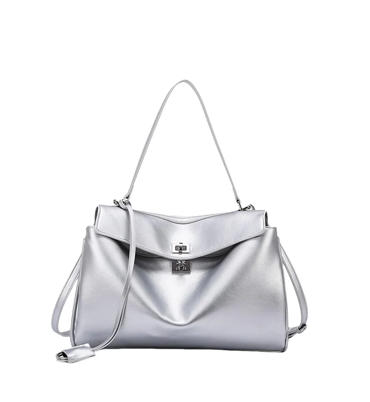 Large Capacity Commuting Tote Bag High-quality Soft Leather Handbag, Fashion Travel Crossbody silver Bag For Women