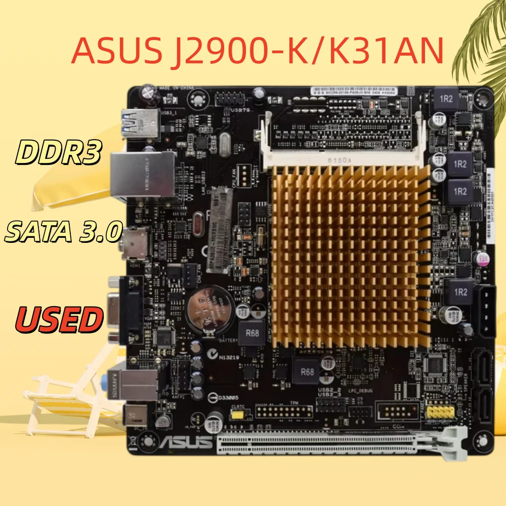 ASUS J2900-K/K31AN motherboard, supporting DDR3 memory, equipped with USB 3.0, Ethernet port, VGA, and HDMI.