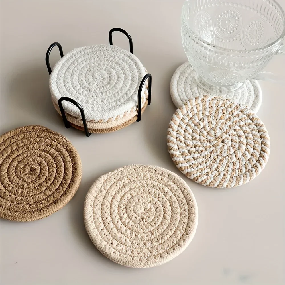 Conjunto de 4 peças de porta-copos absorventes para bebidas, porta-copos minimalistas de algodão tecido, decoração de mesa de café, boho, porta-copos fofos