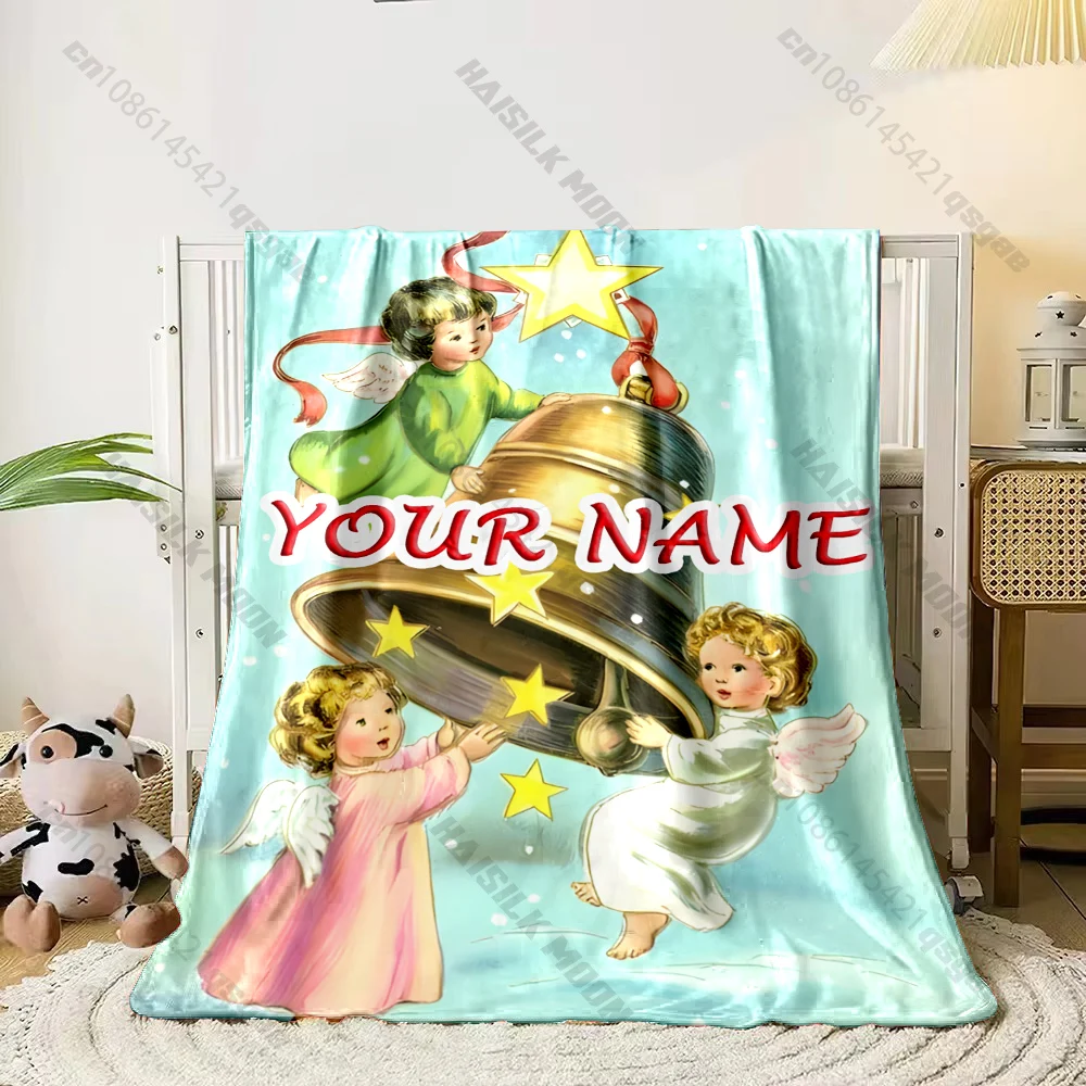 Personalized Name Christmas Angel Kids Bell Throw Blanket Custom Vintage Retro Angel Star Flannel Blanket Xmas Home Decor Gift