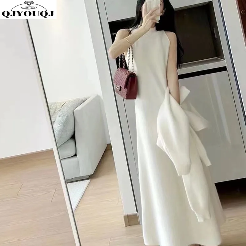 

Autumn and winter new knitted women's loose V-neck pullover sweater+sleeveless dress two-piece set