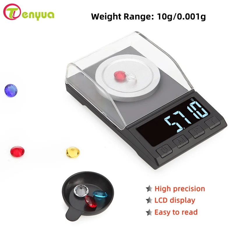 Báscula electrónica de precisión de 0,001g, báscula Digital de 10g para joyería de gemas, báscula de diamante, báscula portátil de miligramos de peso de laboratorio