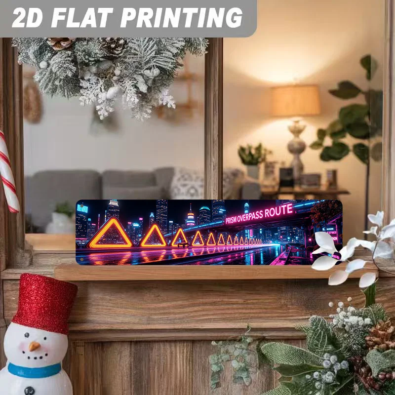 2D Metal Sign，no Real Lights， Neon City Skyline with Glowing Triangles, Cyberpunk Urban Decor for Wall