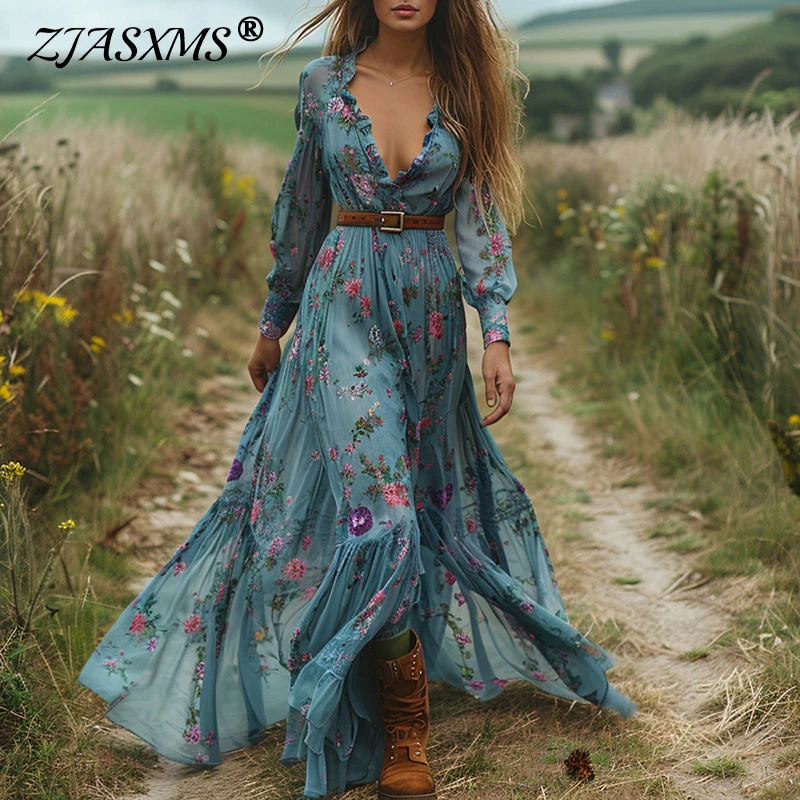 Sexy V Neck Elastic Waist Long Dress Ethnic Fashion Floral Print Vintage Dress for Women Spring Fall Long Sleeve Boho Maxi Dress