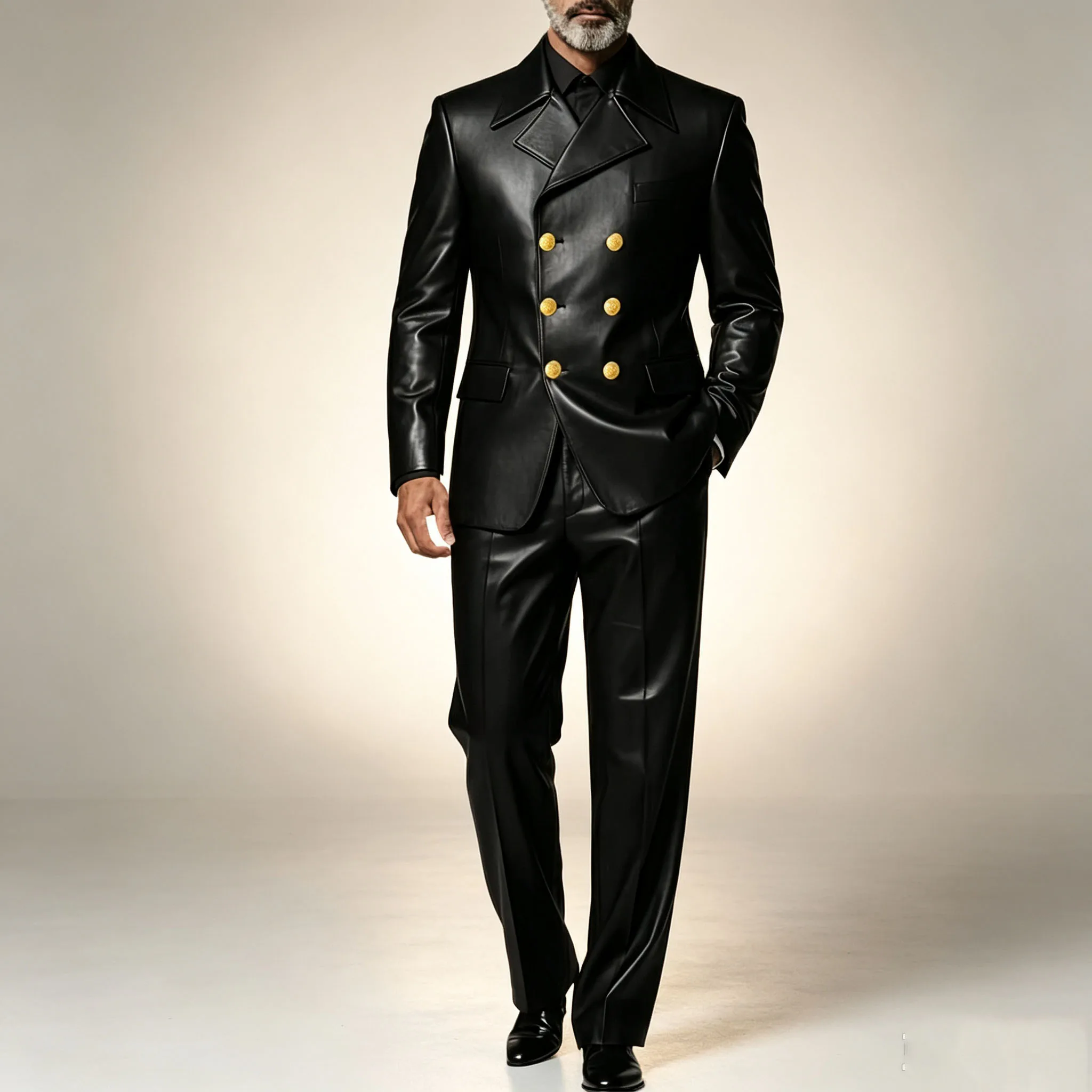 Men's Leather 2 Piece Suit Retro Double Breasted Peak Lapel Slim Fit Blazer Straight Leg Pants Formal Set Business Casual Weddin