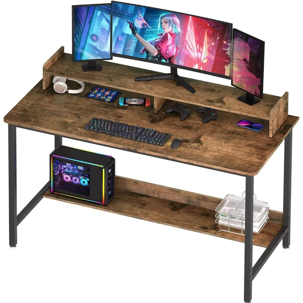 

Computer Desk with Shelves, Study PC Table, Workstation with Storage for Home, Office, Living Room, Bedroom, Metal Frame