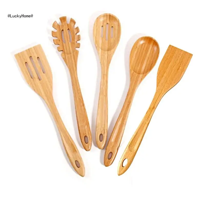 5 Pieces Bamboo Kitchenware Set with Long Handle Spatula & Slotted Spatula Kitchen Gadget Bamboo Cooking Kitchenware Set 11UA