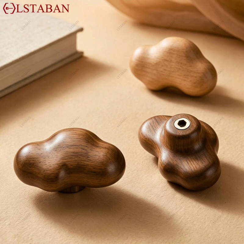Light Luxury Cloud Wooden Kitchen Cabinet Handle Natural Walnut Wood Single Hole Dresser Knob Minimalist Kitchen Cupboard Pull