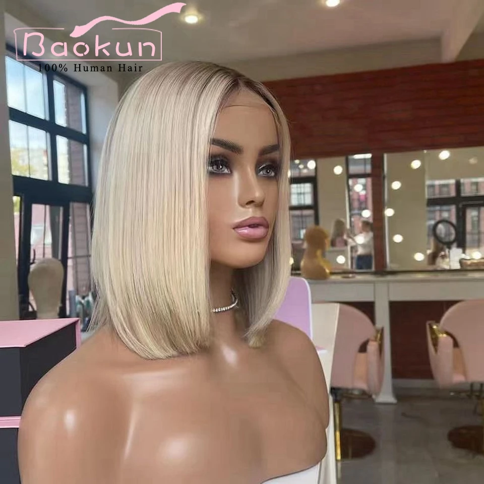 Wig Bob pendek pirang terang renda rambut manusia depan Wig tanpa lem lurus 13x6 renda depan Wig 13x4 HD renda depan Wig