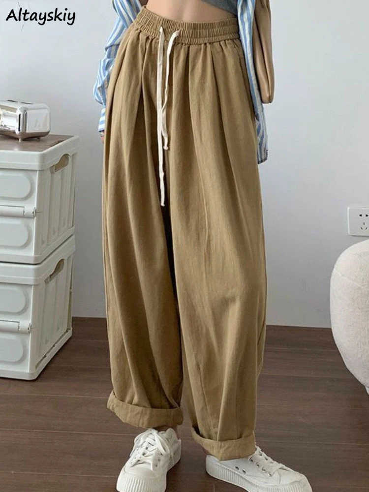 

Wide Leg Pants Women Baggy Safari Style Chic All-match Fashion Unisex Summer Casual Simple Drawstring Females Streetwear Vintage