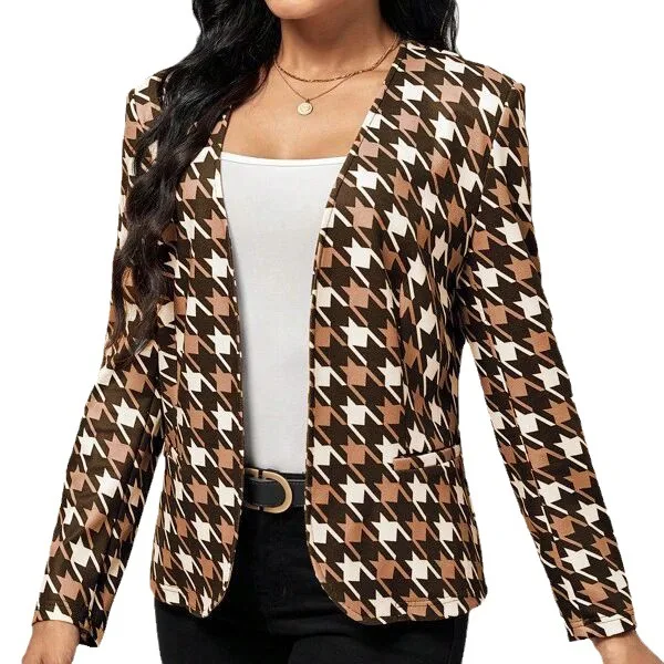 Autumn Winter New Casual Printing Pocket Women Blazer Coat Minimalist Office Slim Fit Female Coats