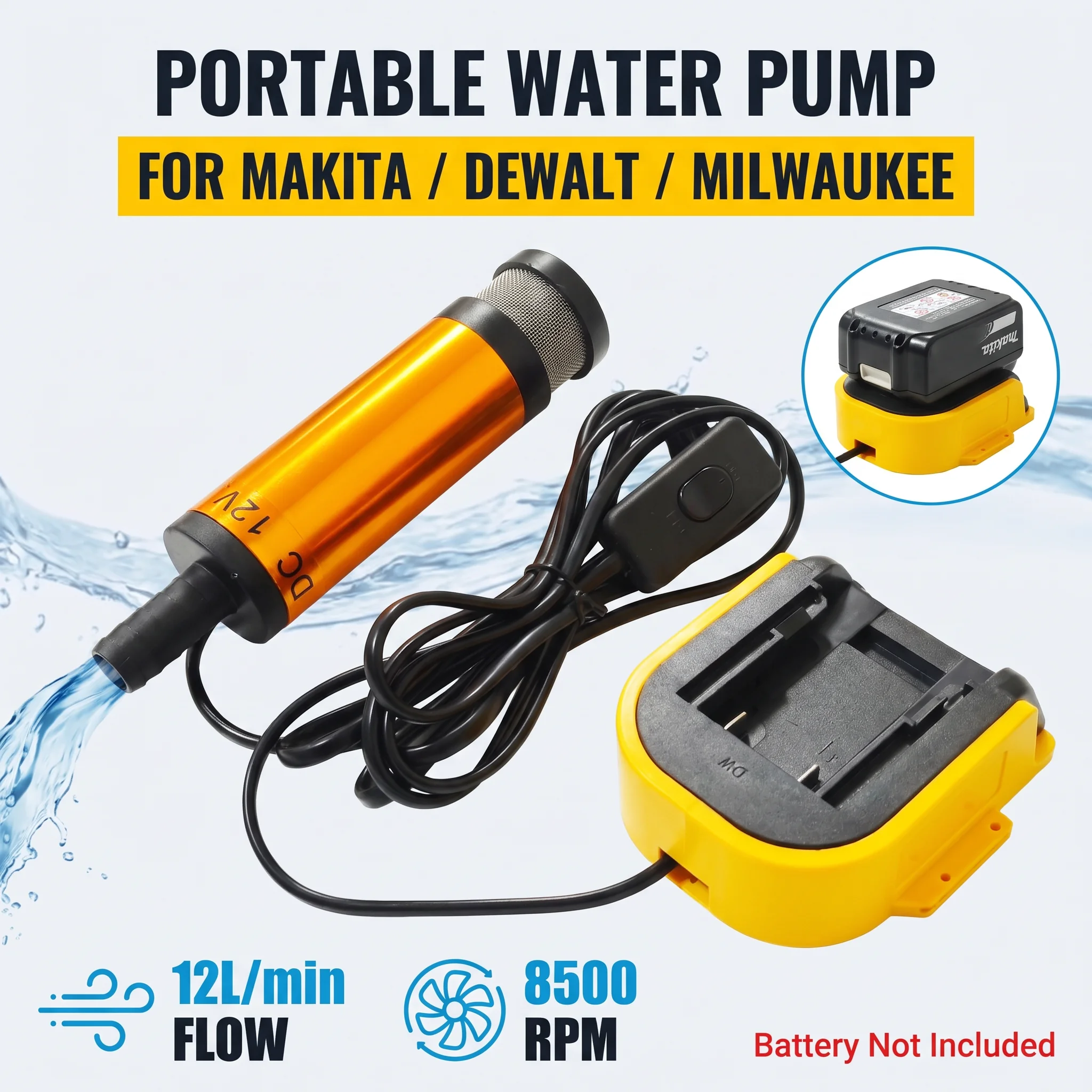 20V 100W Brushless Water Pump Adapter for Makita Dewalt Milwaukee Bosch 18-20V Battery 635GPH Submersible Pump Garden Car Wash