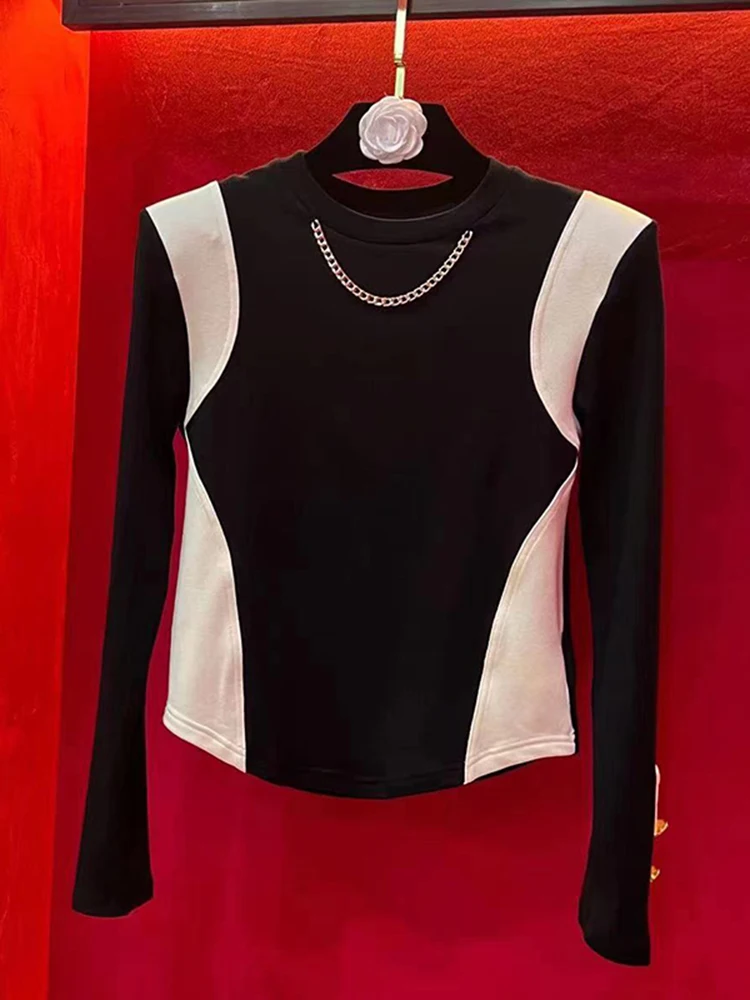 

Slim Fit Long Sleeve T-Shirt Women's Autumn Winter Thin Fleece Base Shirt Color Block Chain Design round Neck Short Style
