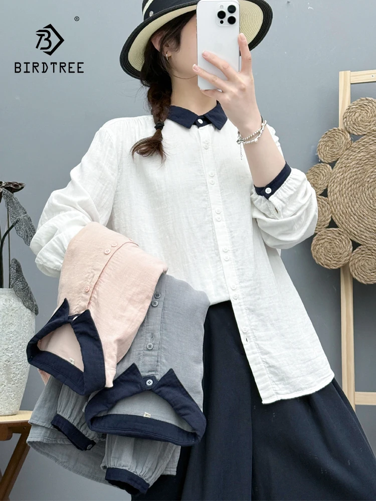 

New 2025 Winter Cotton Yarn Long Sleeve Shirt, Women Turn-down Collar Patchwork, Mori Girl Fashion Casual Loose Blouse T5N025CC