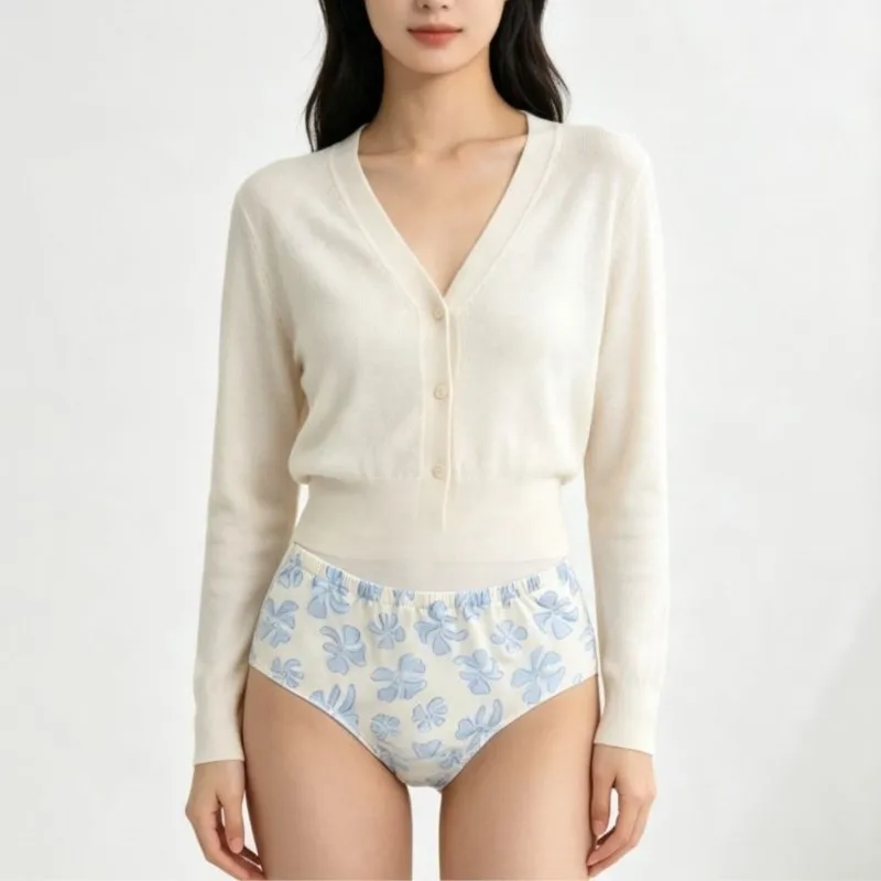 Handmade Women Linen Printed Pattern Briefs, Mid‑High Rise Loose Triangle Underwear Crotch Breathable Soft Comfortable Panties