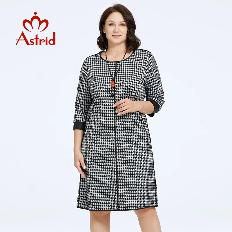 Astrid Women's Dresses 2023 Elegant Classic Houndstooth Print Loose Daily Office Midi Vintage Dresses Female Clothing Necklace