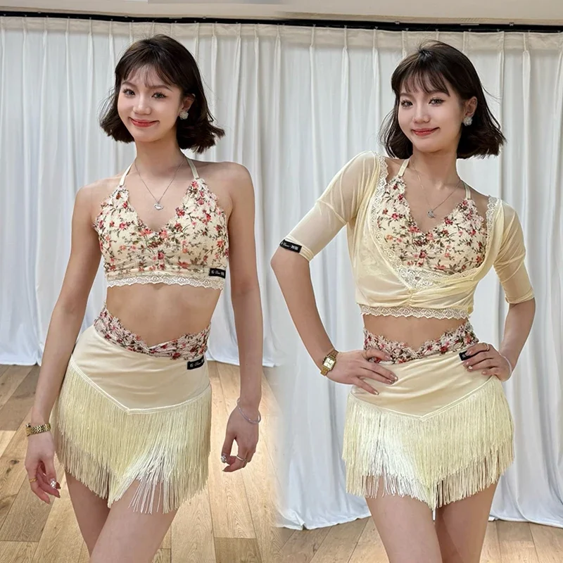 

New Women Latin Dance Wear Salsa Tango Practice Clothes Cute Creamy Tassels Skirt Set Adult Performance Training Clothes