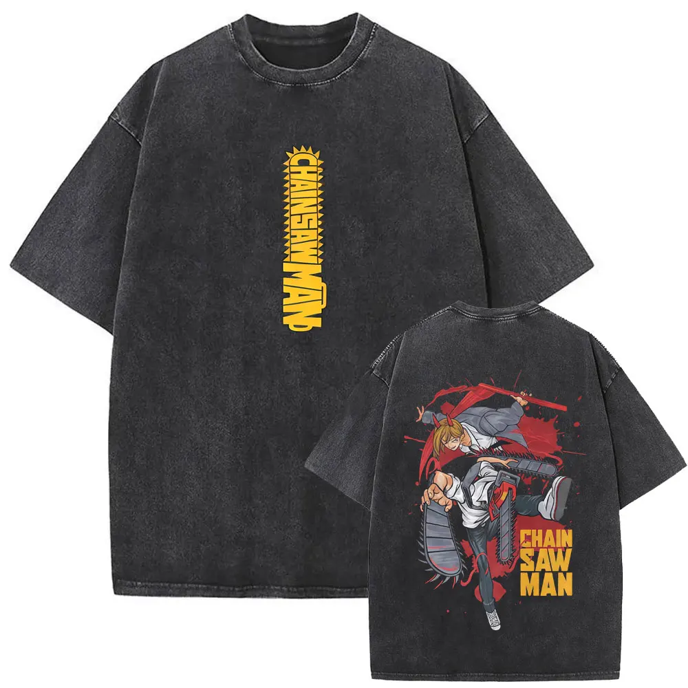 

Chainsaw Man Pochita My Heart Floral Orange Acid Wash Oversized Black T-Shirt 2026 Summer Streetwear Graphic Tee for Men Women