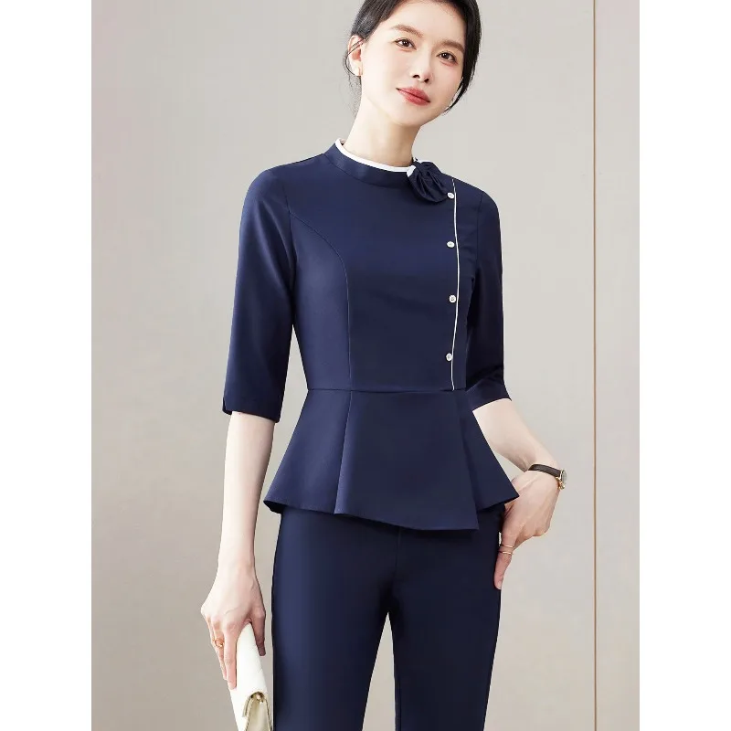 Spring and summer mid-sleeved high-end beauty technician work clothes suit fashion design hotel medical beauty front desk