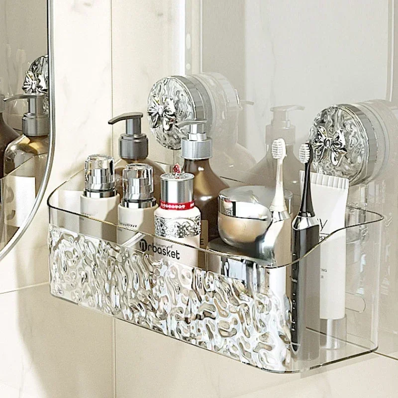 

Shower Suction Cup Shelf Basket Light Glacier Pattern One Second Installation bathroom Organizer Storage Rotating to Suck Remove