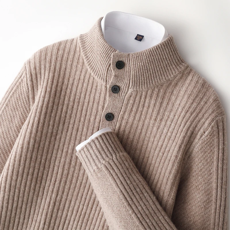 

Новый мужской свитер из 100% шерсти с воротником-стойкой, толстый пуловер, весна-осень-зима, теплые, мягкие, умные, повседневные, вязаные топы из чистой шерсти