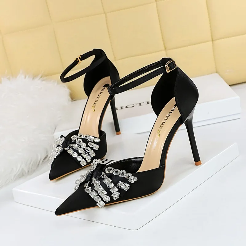 

BIGTREE Fashion Women Sandals Pumps Pointed Toe Party Butterfly Knot Silk 10CM Thin Heels Buckle Strap Banquet Woman Shoes Dress