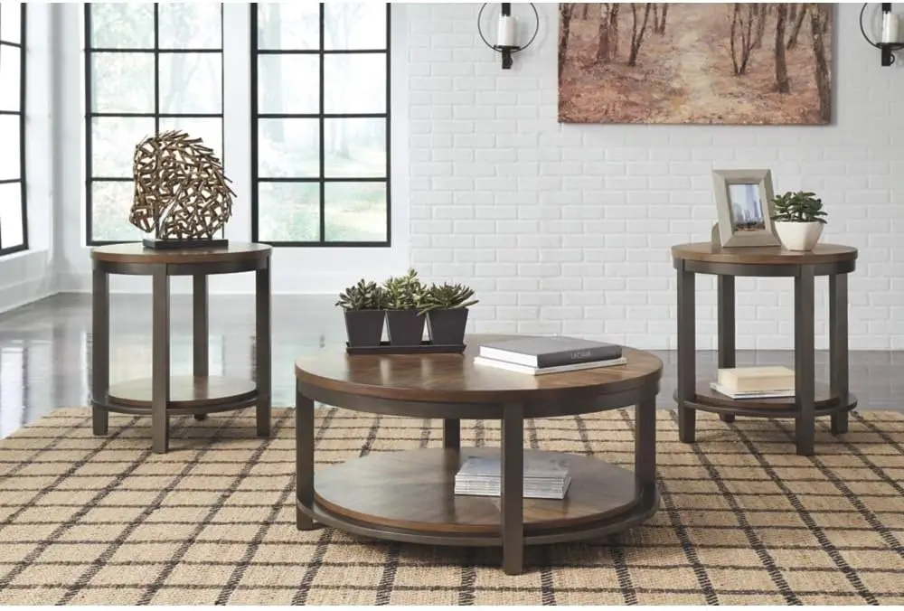 Signature Design by Ashley Roybeck Rustic Round 3-Piece Table Set, Includes 1 Coffee Table and 2 End Tables with Fixed Shelf