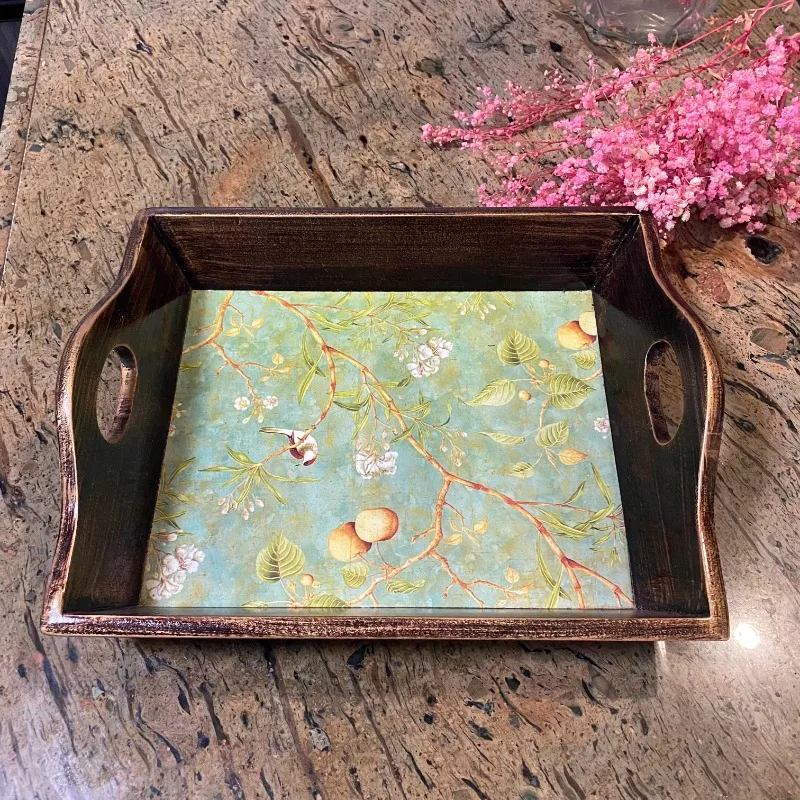 

American Pastoral Tray Farmhouse Wooden Cup Storage Tray Fruit Plate, Rectangular Creative Living Room Tea Tray