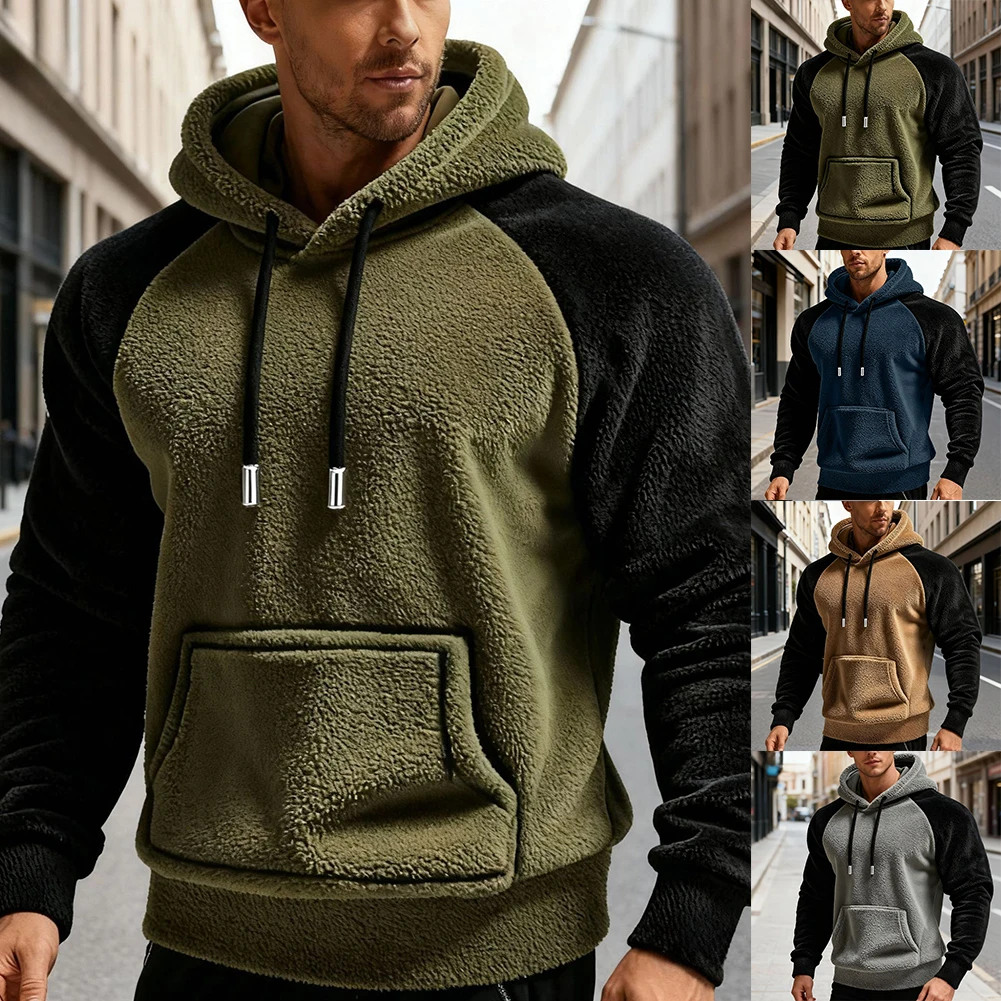 For Polar Fleece Hooded Sweatshirt for Men with Raglan Sleeve Splicing and Loose Fit Suitable for Casual and Sport