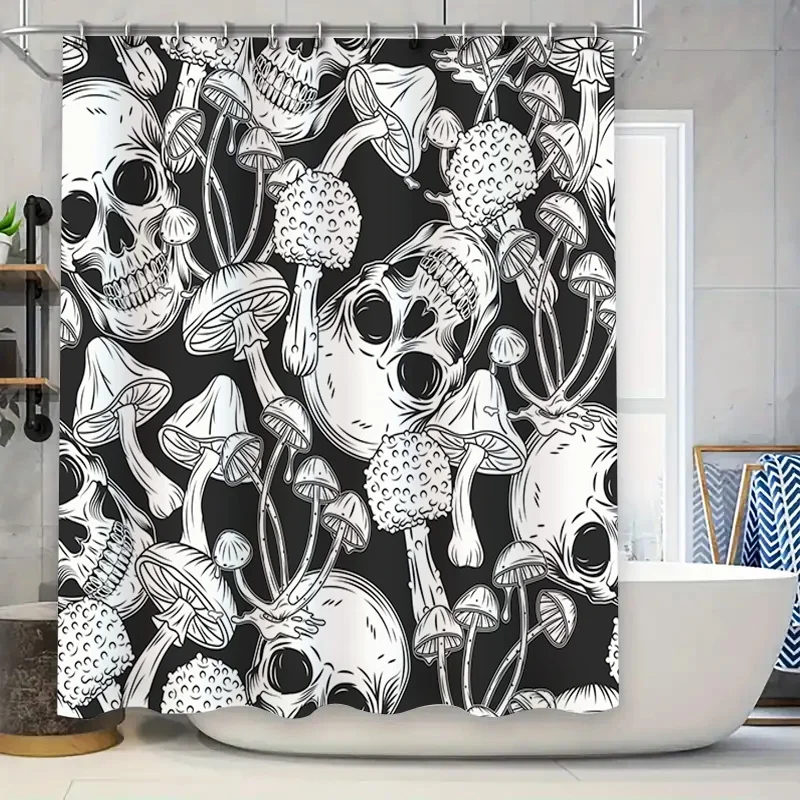 

Готическая занавеска для душа с черепами и грибами для декора ванной комнаты, черно-белая ткань с принтом в готическом стиле, водонепроницаемая занавеска для душа L