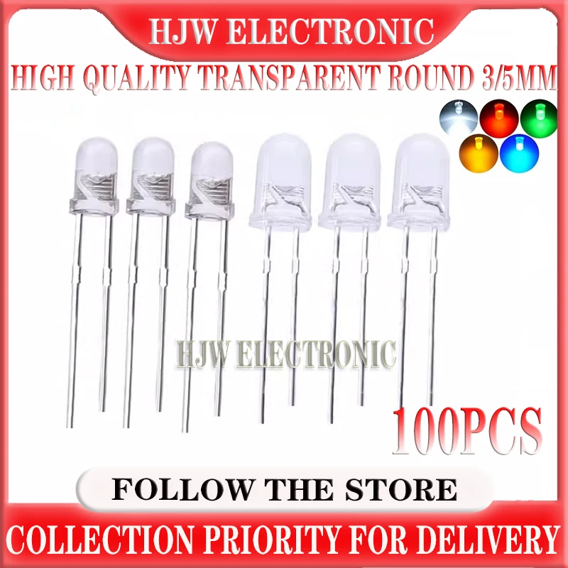 100pcs High quality Transparent Round 5mm Super Bright Water Clear Green Red White Yellow Blue Light LED Bulbs Emitting Diode