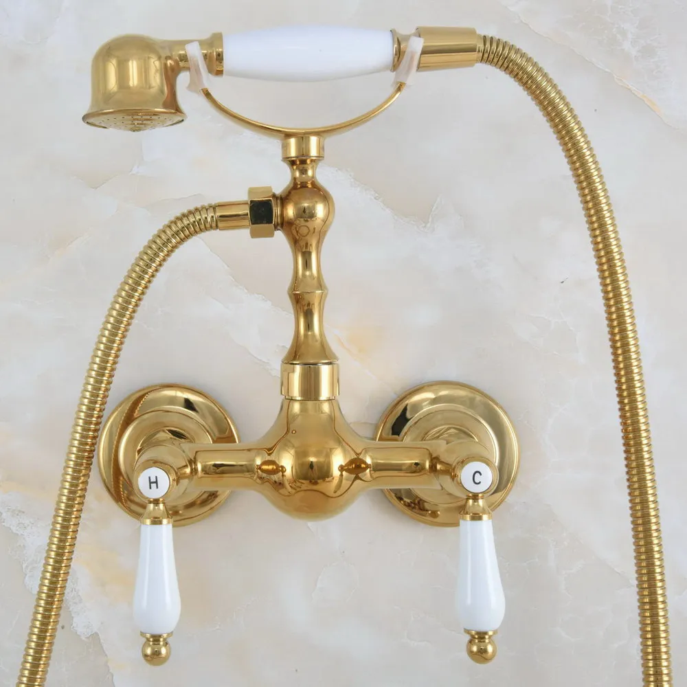 

Modern Golden Brass Wall Mounted Bathroom Shower Faucet Set with 1500MM Hose Handheld Spray Head Mixer Tap Dna843