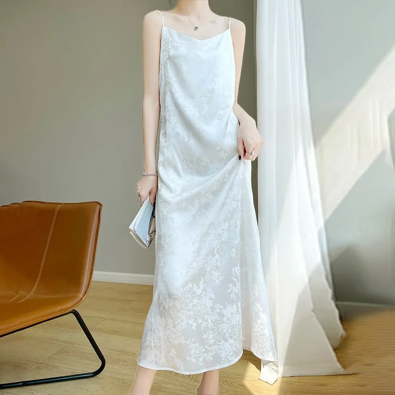 프렌치 아세테이트 새틴 V넥 스트랩 여성용, 봄과 여름 신상 자카드, 슬림 롱 드레스