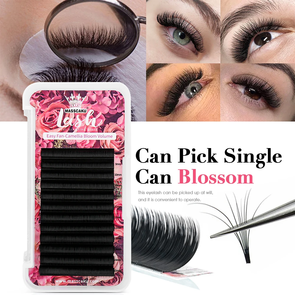 MASSCAKU 0.05/0.07/0.10mm Easy Fanning Lashes Automatic Flowering Synthetic Silk Eyelashes Auto Blooming Eyelash Makeup Tool