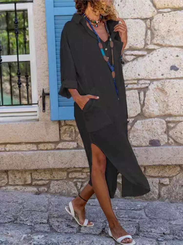 Lente/zomer damesmode effen kleur knop split losse shirtjurk casual lange mouwen polokraag katoenen gevoerde jurken