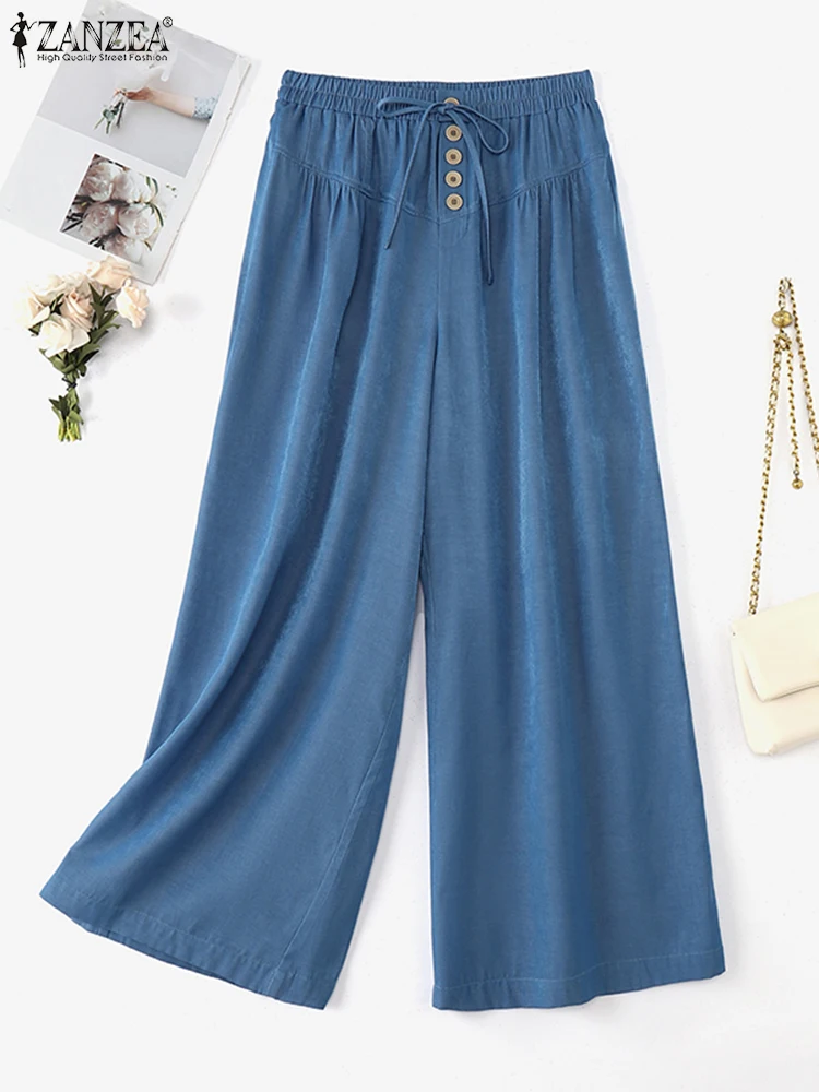 ZANZEA プラスサイズ レディース ワイドレッグパンツ ルーズ カジュアル レースアップ ウエストゴム ソリッドカラー 日常ズボン デニムルック L-5XL