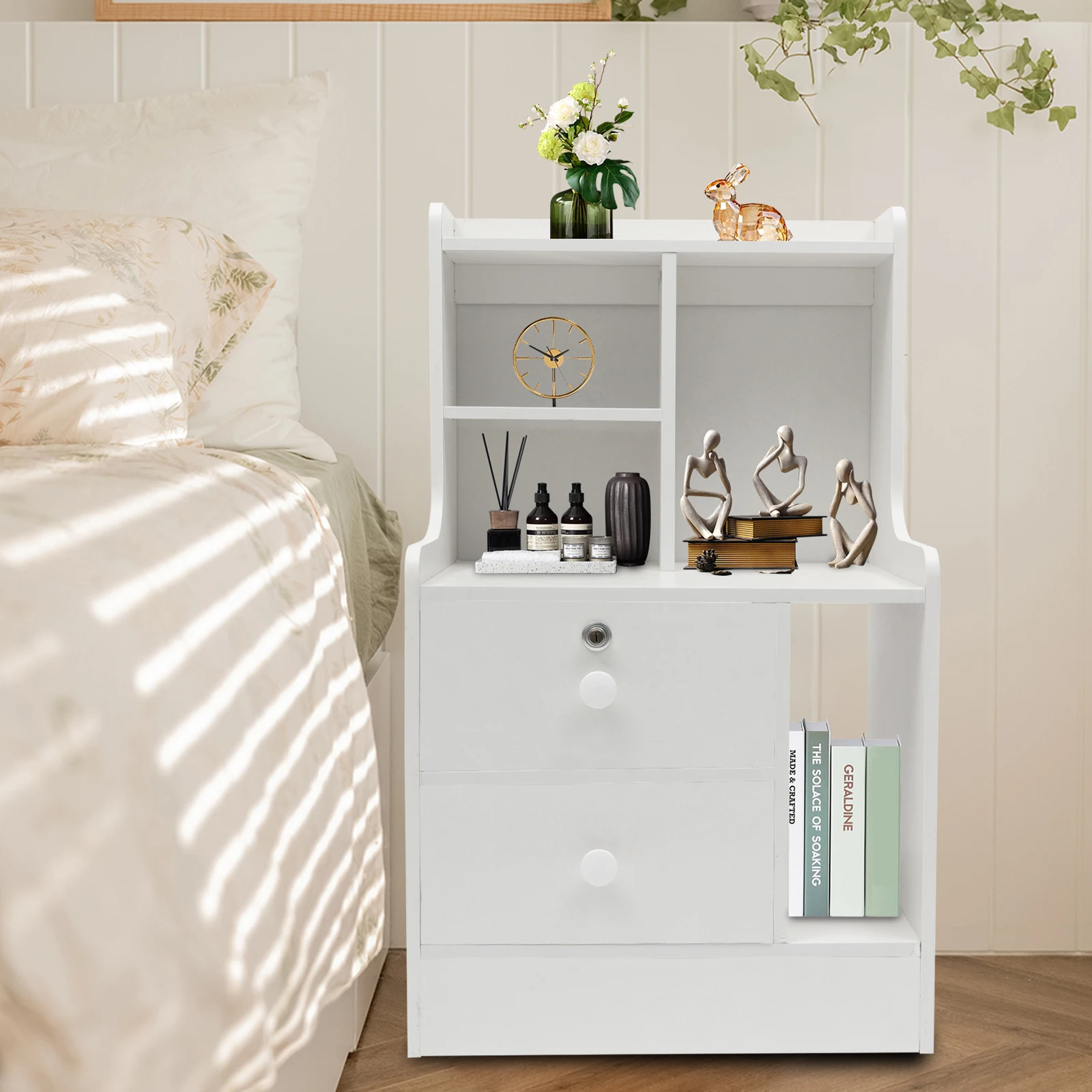 

High-Quality Nightstand: Simple Design, Sturdy Structure, Multiple Storage Options, Locking Drawer for Privacy