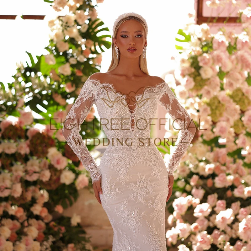 Eightree 2025 Mermaid Wedding Dresses Off The Shoulder Long Sleeves Lace Bridal Dress Elegant Wedding Prom Ball Gowns Customized