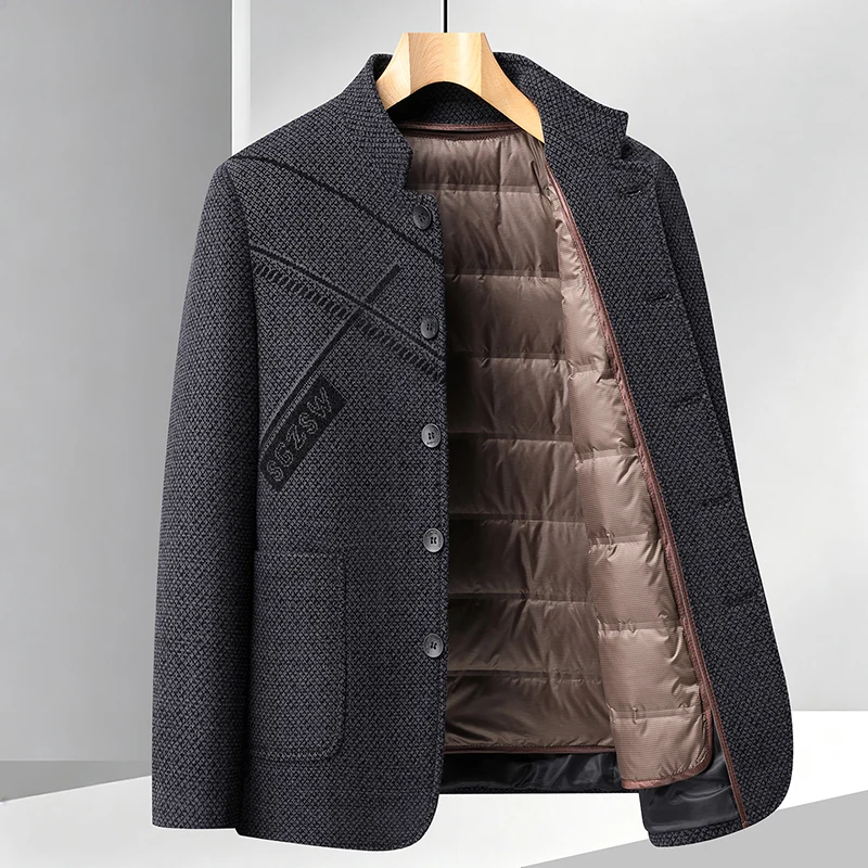 Men's Chenille Coat Detachable Duck Down Liner Stand Collar Embroidered Winter Warm Jacket Business Casual Plus Size Outerwear