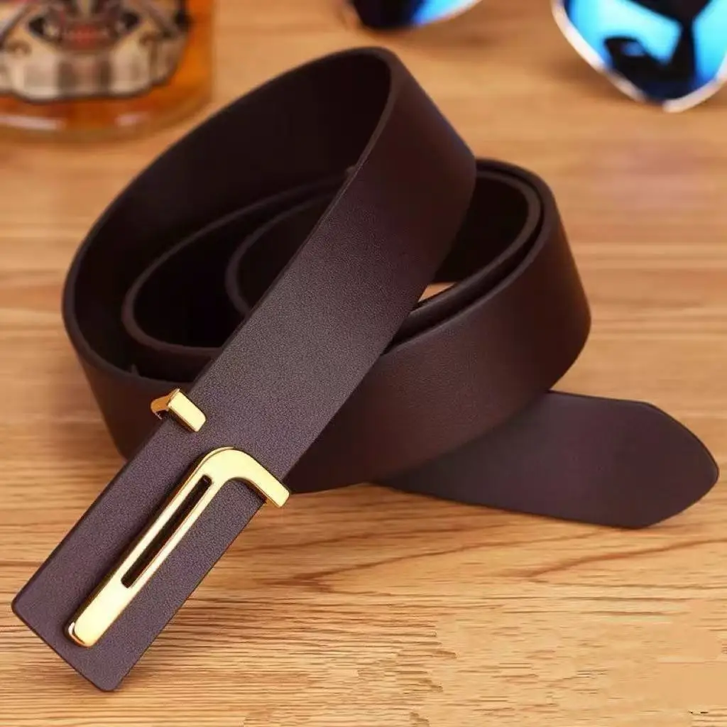 Men's Leather Belt Fashion Casual T-Shaped Slide Buckle PU Leather Suitable for Suits and Jeans Business Luxury Designer Belt