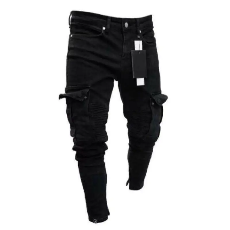 

Men Biker Ripped Long Denim Trousers Skinny Jeans Pants Destroyed Stretchy-Black 2021 Fashion Bottom zipper Pants