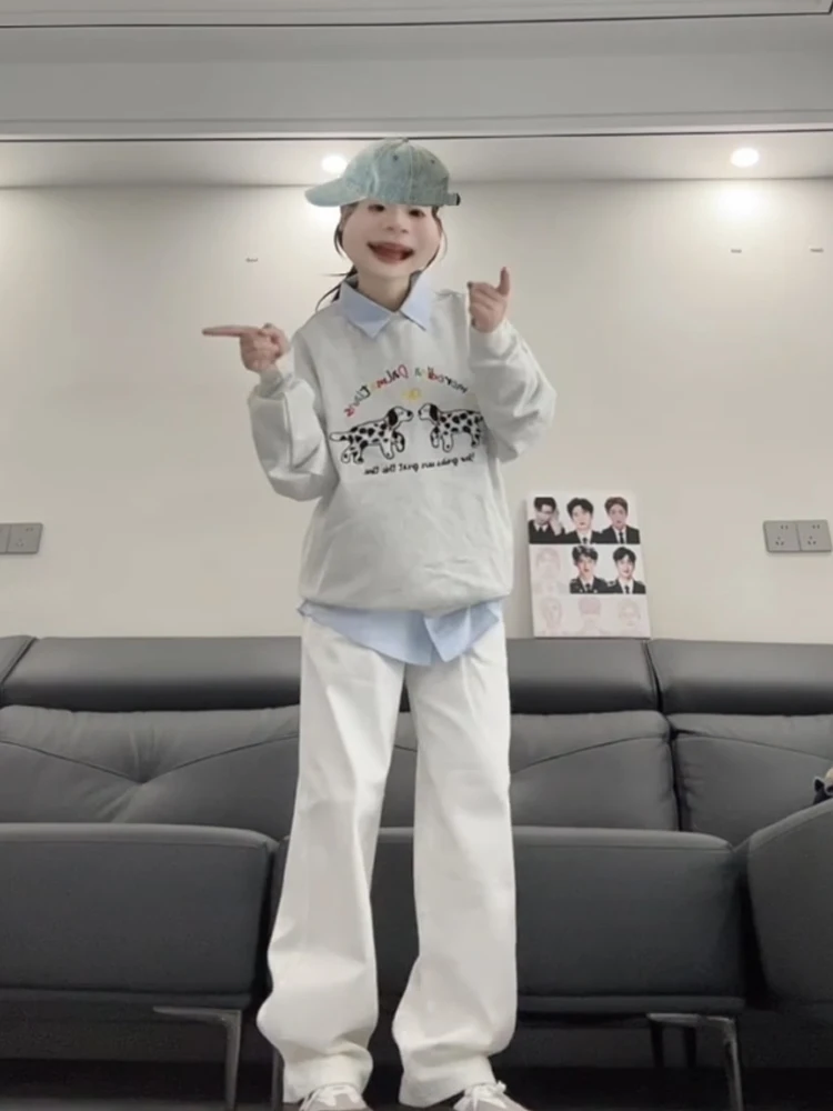 레트로 아메리칸 카툰 스팟 도그 라운드 넥 스웨트셔츠 여성용 봄 가을 루즈 오버사이즈 롱 슬리브 탑 시크 홍콩 스타일