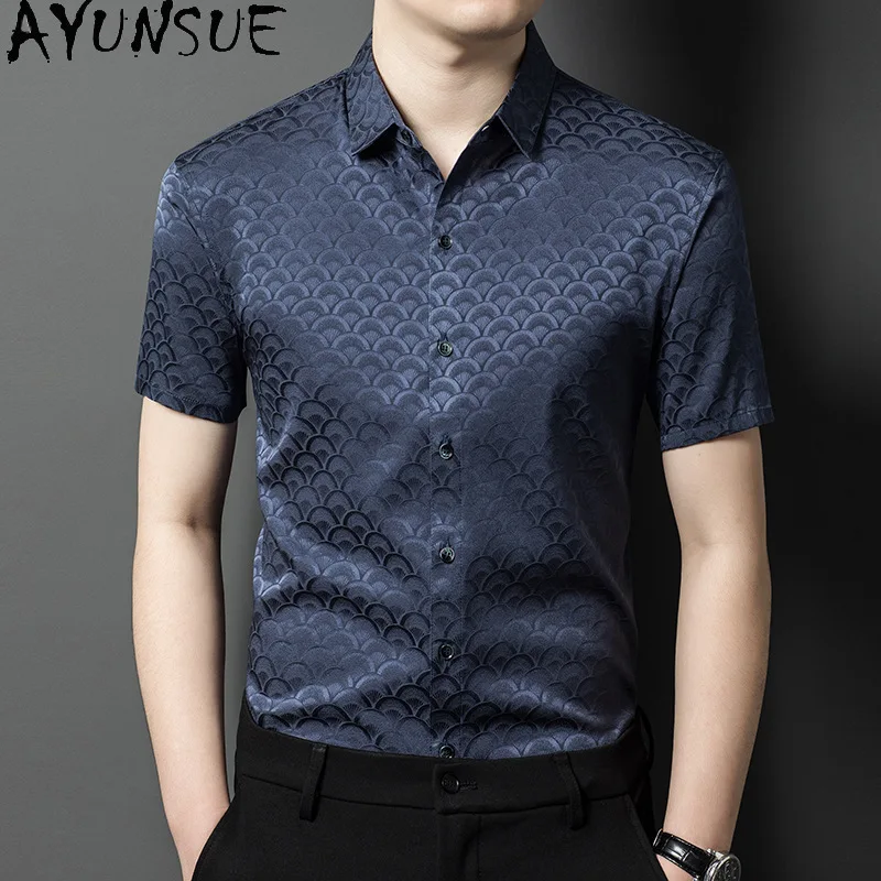 AYUNSUE 92% Real Mulberry Silk Shirts for Man Clothes High Quality Short Sleeve Shirt 2026 Summer Tops Casual Fashion Shirt Men