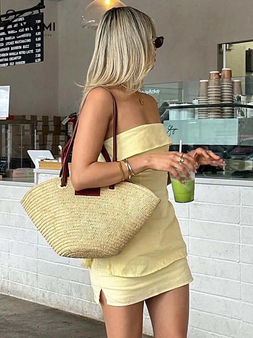 Oymimi Fashion Yellow Cotton 2 Piece Sets Women Outfit Elegant Slash Neck Slim Solid Blouses And Straight Mini Skirts Female Set