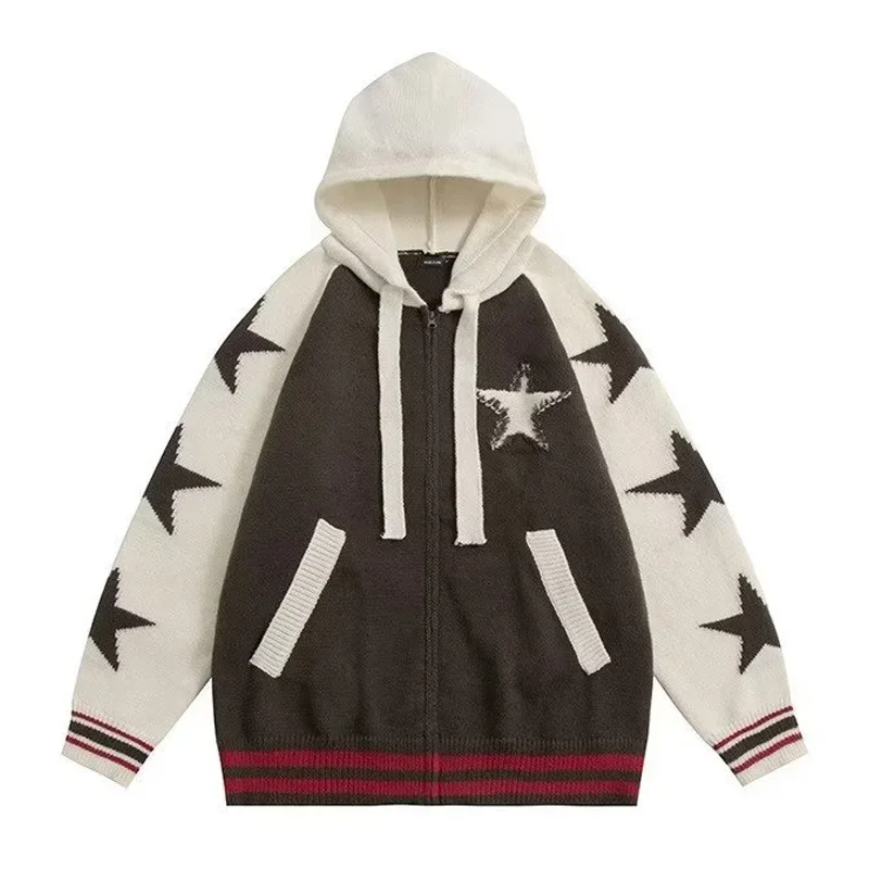 Star Pattern Hooded Knitted Japanese Retro Men Woman Japanese Loose Patchwork Hoodie Sweater Unisex Harajuku Cardigan Outwear