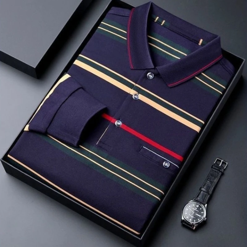 Striped Long Sleeve Polo Shirt for Men Loose Casual Collar Style Perfect for Dad Middle Aged Autumn Season Fashion