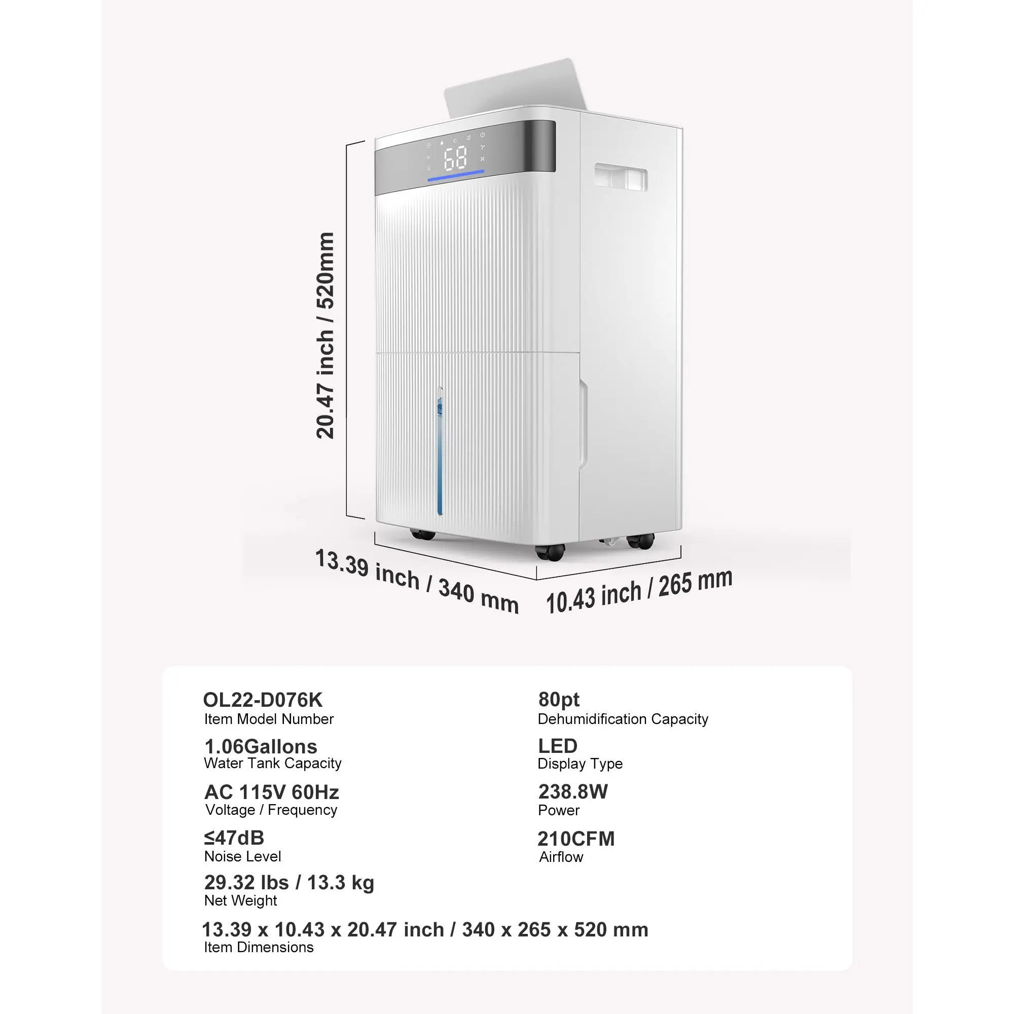 80 Pints Dehumidifier for Home & Basement, Drain Hose for Commercial & Industrial Use, Smart Humidity Control, Low Noise for Large Rooms, Warehouses, Bedrooms & Storage, Large Coverage,White