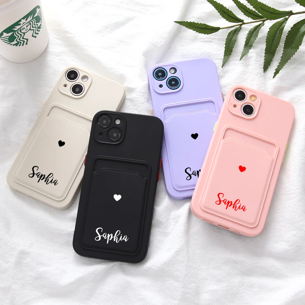 

Custom Love Heart Name Phone Case for 13 12 11 Pro Max X XS XR 7 8 Plus Personalized Cover Soft Silicone Wallet Card Holder