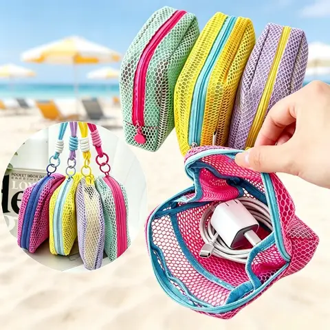 Portable Travel Mesh Storage Bag, Trendy Zipper Coin Purse High Capacity Makeup Bag for Lipstick Earphone Small Items Organizer